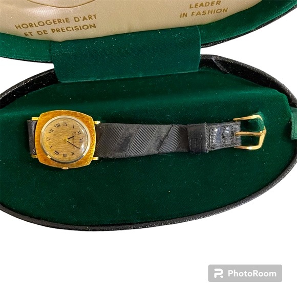 Lucien Piccard Watch Vintage 60’s 18K Gold Black Original Wrist Band Man…